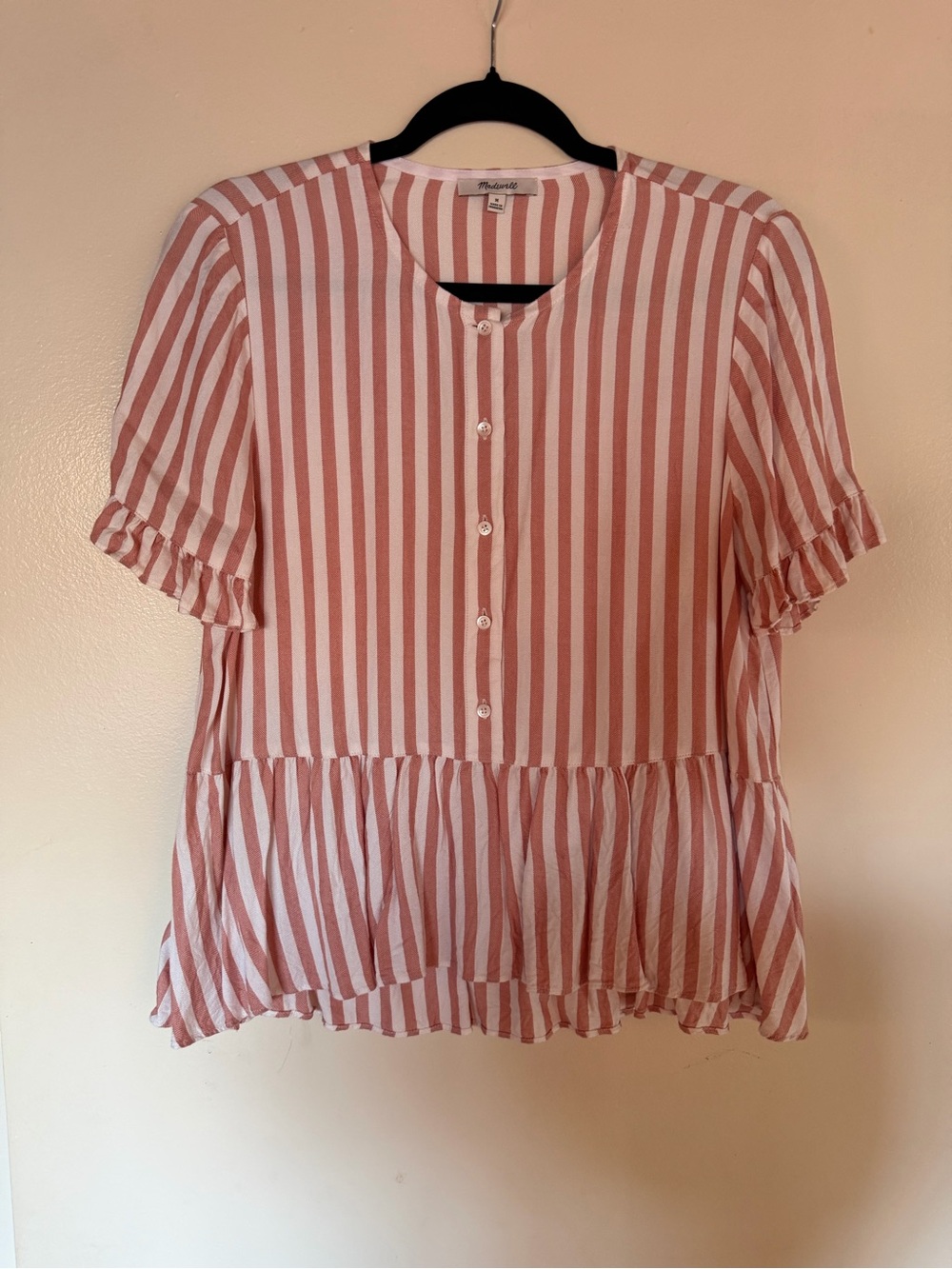Madewell Pink and White Vertical Stripe Ruffle Hem Blouse